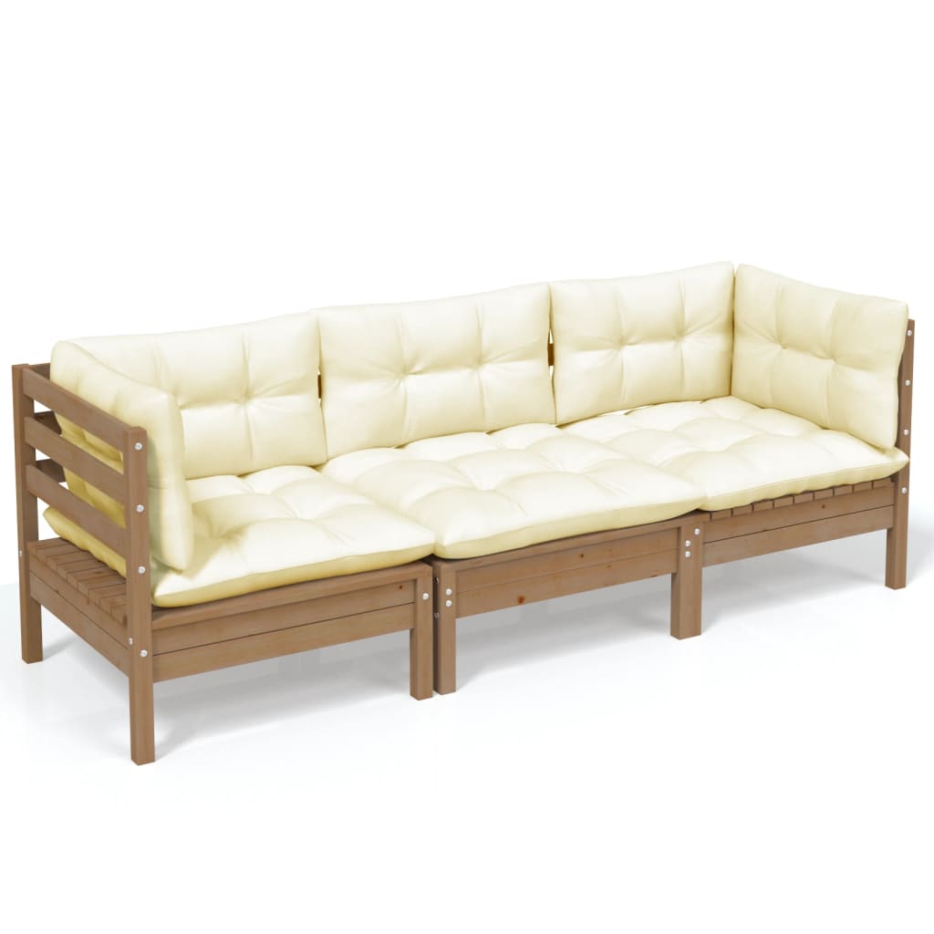 vidaXL 3-Seater Patio Sofa with Cream Cushions Solid Pinewood-4