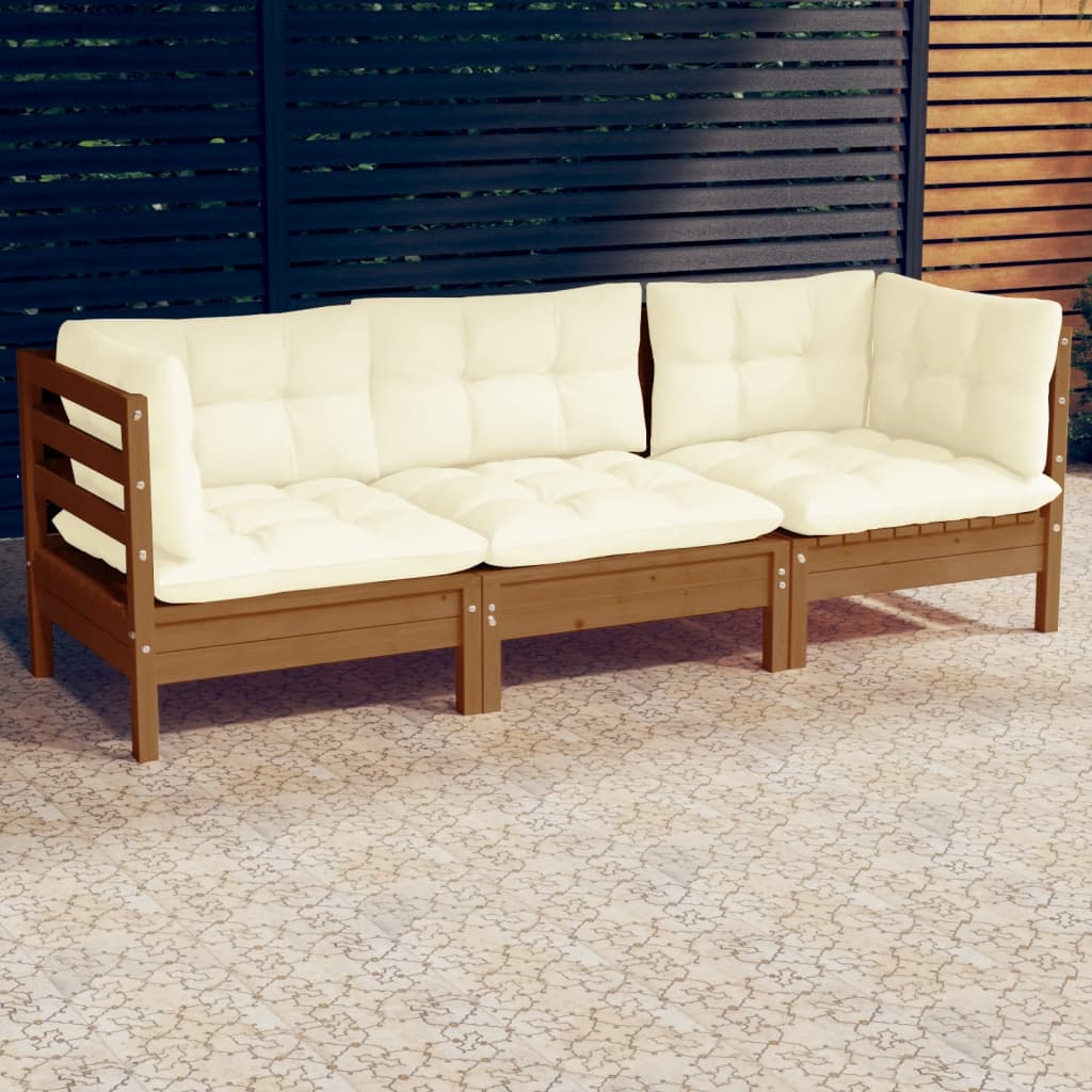 vidaXL 3-Seater Patio Sofa with Cream Cushions Solid Pinewood-3