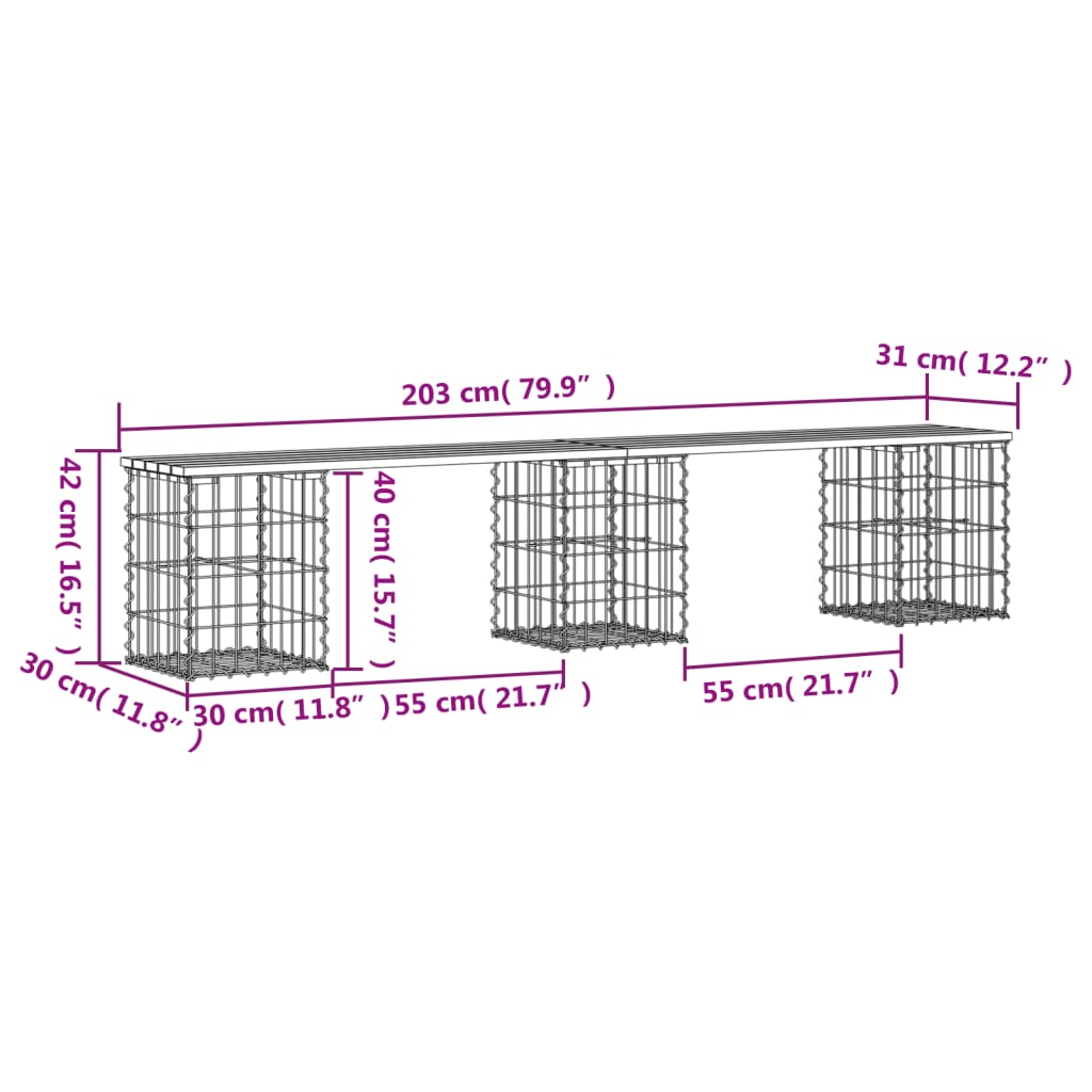 vidaXL Patio Bench Outdoor Park Bench Seating Gabion Design Solid Wood Pine-57