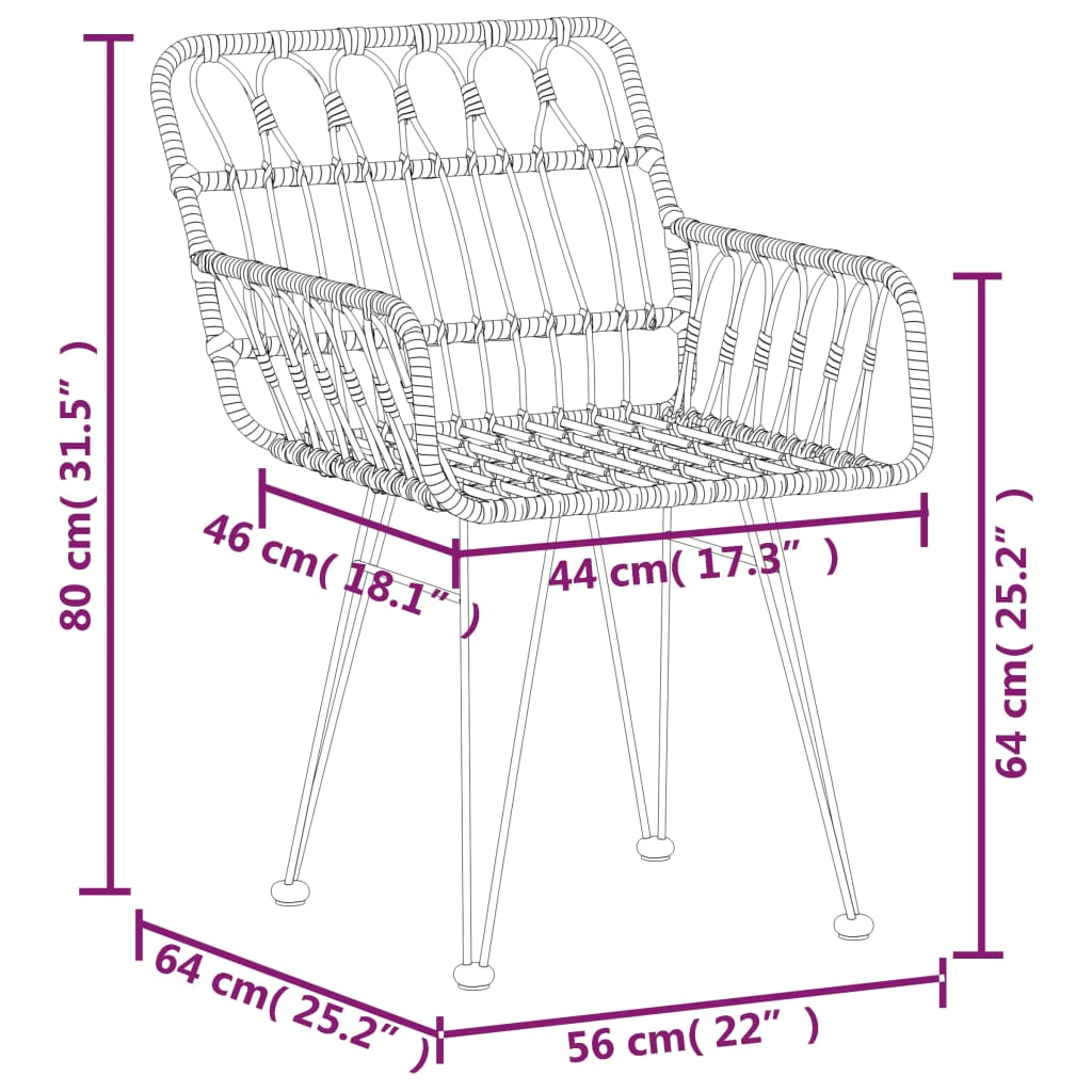 vidaXL Rattan Dining Chairs 2 Pcs Patio Wicker Chair with Armrest PE Rattan-13