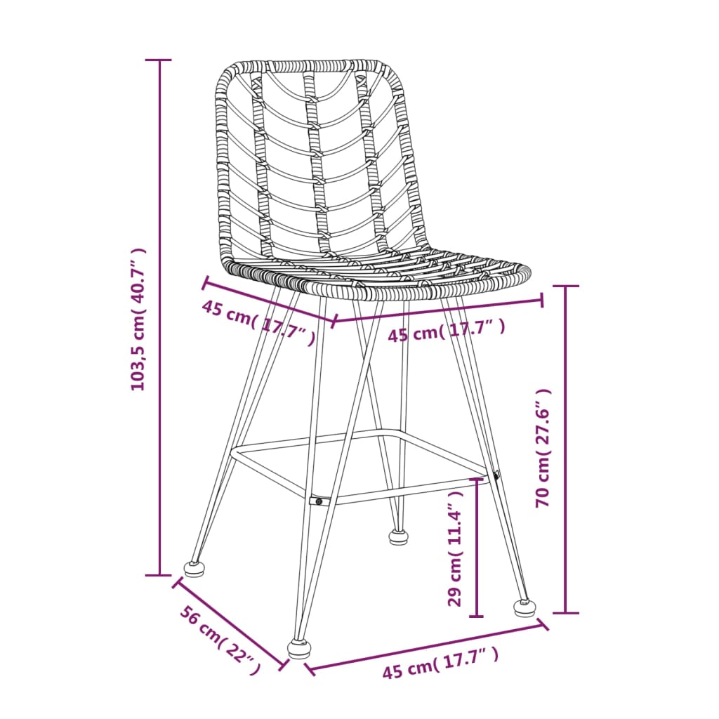 vidaXL Rattan Bar Stool 2 Pcs Stool with Back and Footrest PE Rattan and Steel-13