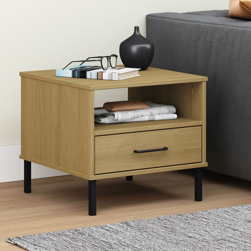 vidaXL Bedside Table Bedroom Nightstand with Metal Legs Solid Wood Pine OSLO-3