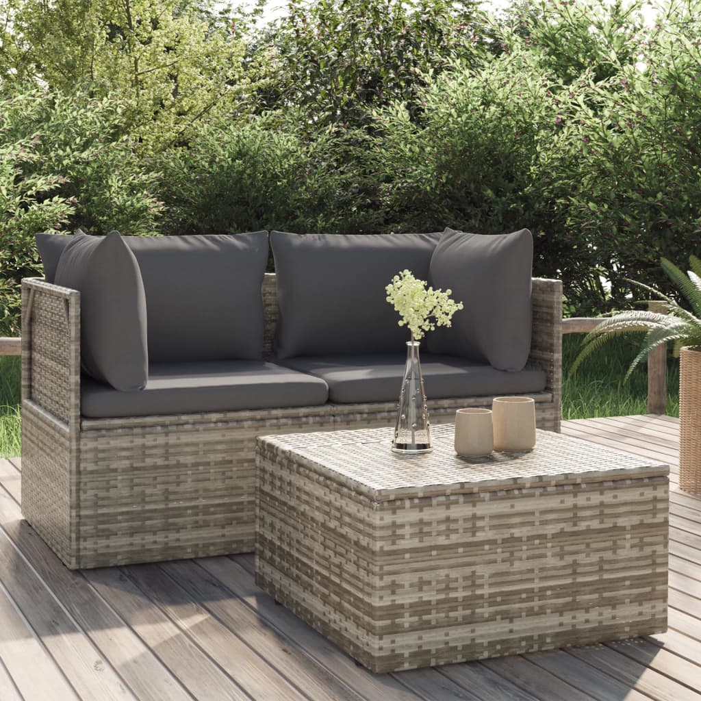 vidaXL 3 Piece Patio Lounge Set with Cushions Gray Poly Rattan-0