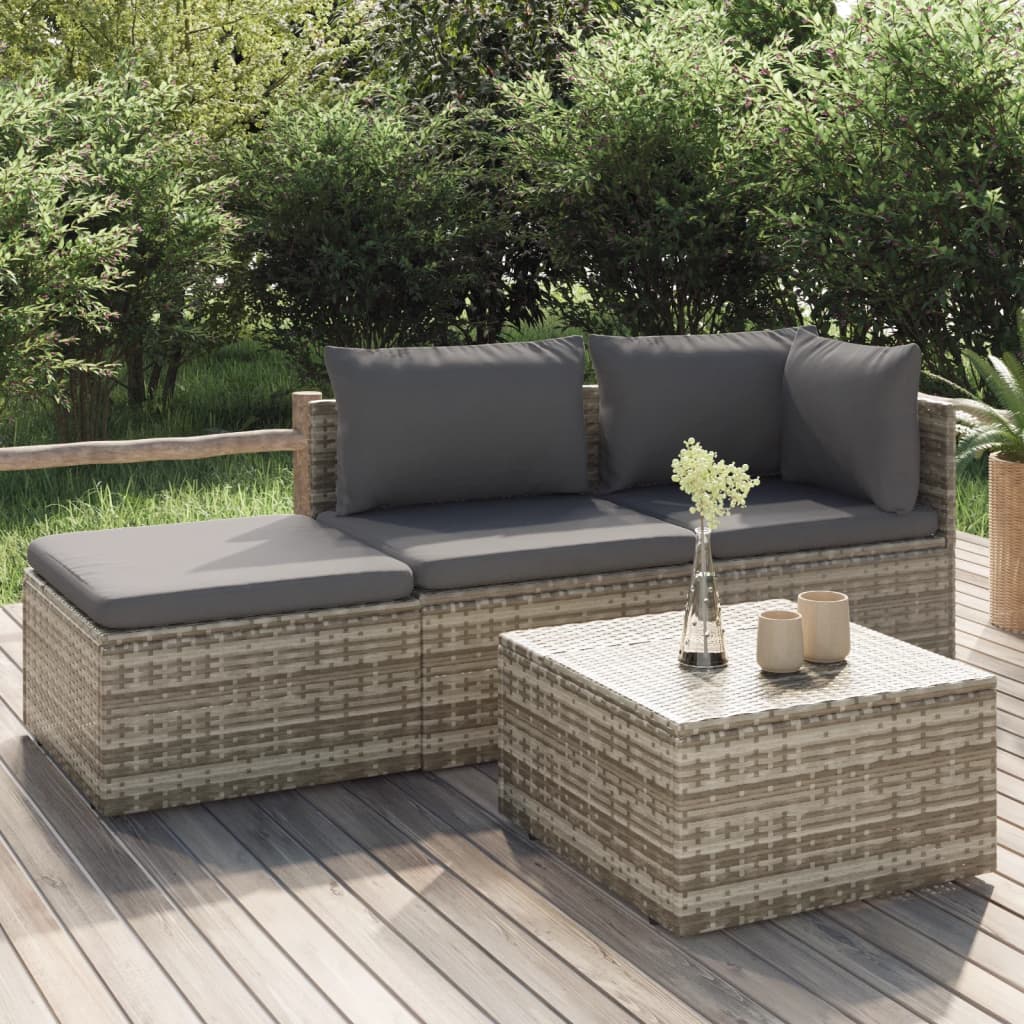 vidaXL 4 Piece Patio Lounge Set with Cushions Gray Poly Rattan-0