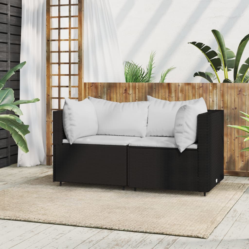 vidaXL Patio Corner Sofas with Cushions 2 pcs Black Poly Rattan-0