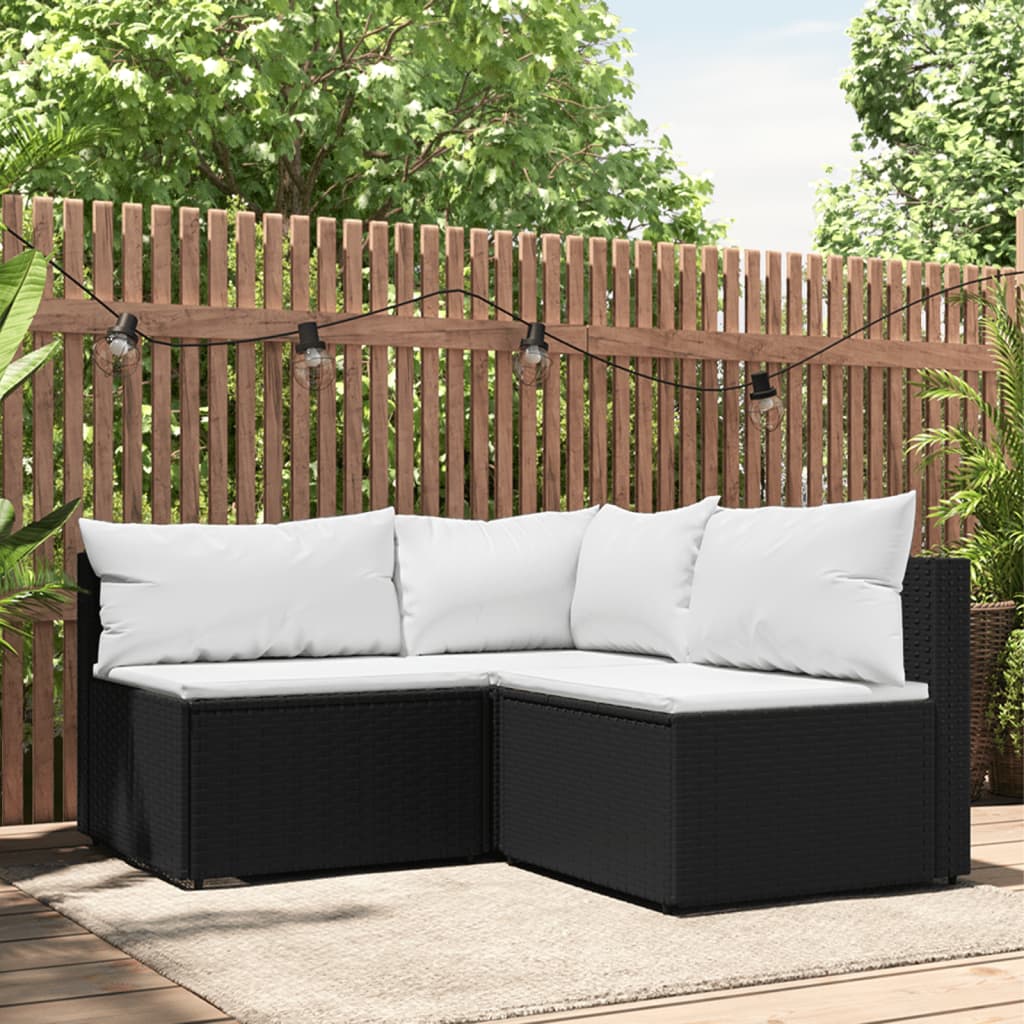 vidaXL 3 Piece Patio Lounge Set with Cushions Black Poly Rattan-0