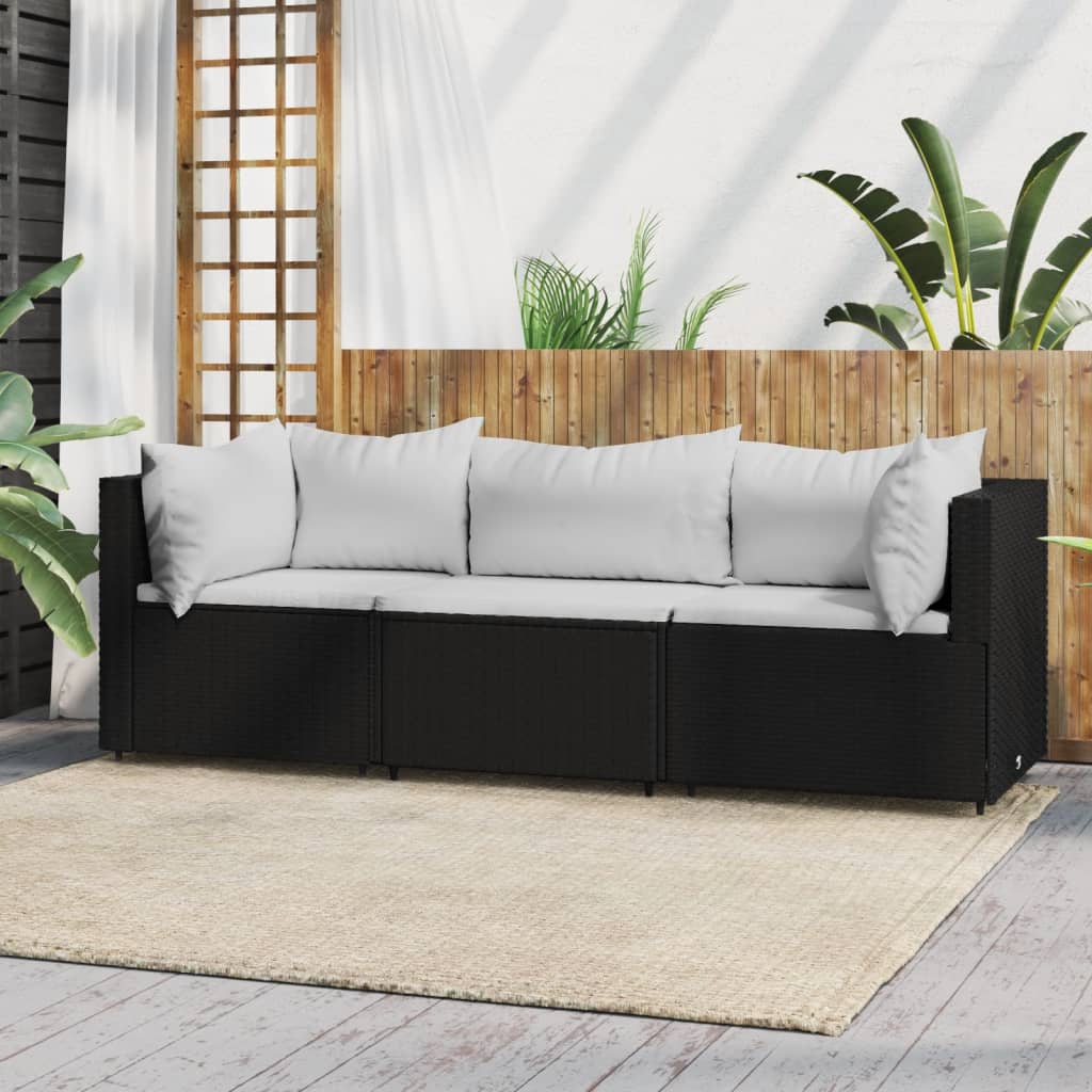 vidaXL 3 Piece Patio Lounge Set with Cushions Black Poly Rattan-0