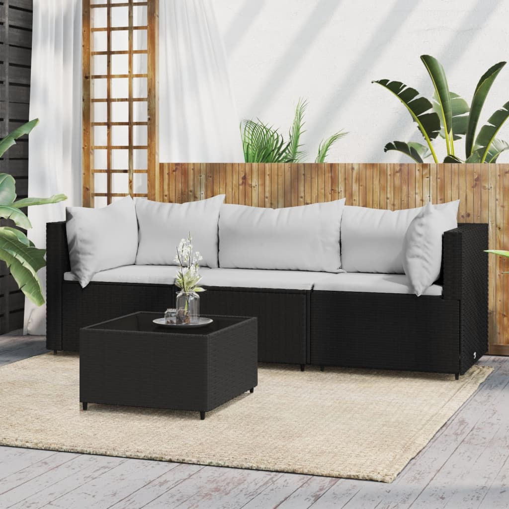 vidaXL 4 Piece Patio Lounge Set with Cushions Black Poly Rattan-0