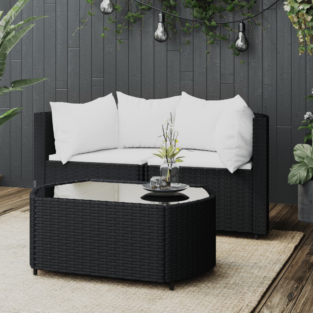 vidaXL 3 Piece Patio Lounge Set with Cushions Black Poly Rattan-0