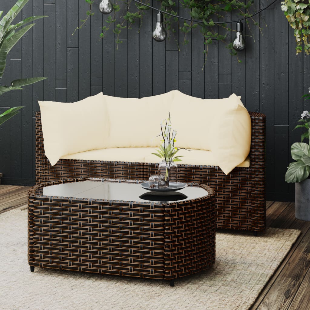 vidaXL 3 Piece Patio Lounge Set with Cushions Brown Poly Rattan-0