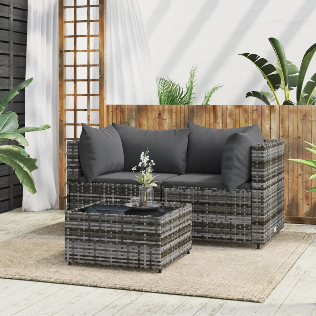 vidaXL 3 Piece Patio Lounge Set with Cushions Gray Poly Rattan-0