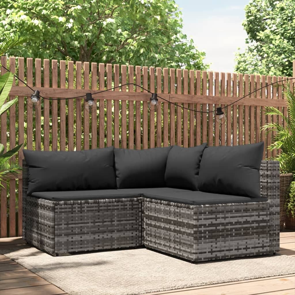 vidaXL 3 Piece Patio Lounge Set with Cushions Gray Poly Rattan-0