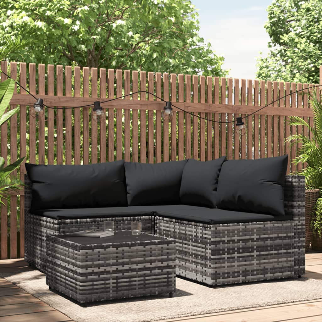 vidaXL 4 Piece Patio Lounge Set with Cushions Gray Poly Rattan-0