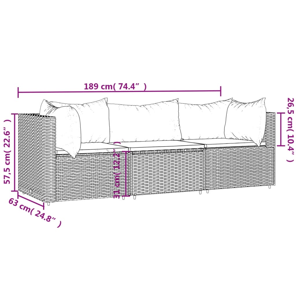 vidaXL 3 Piece Patio Lounge Set with Cushions Gray Poly Rattan-7