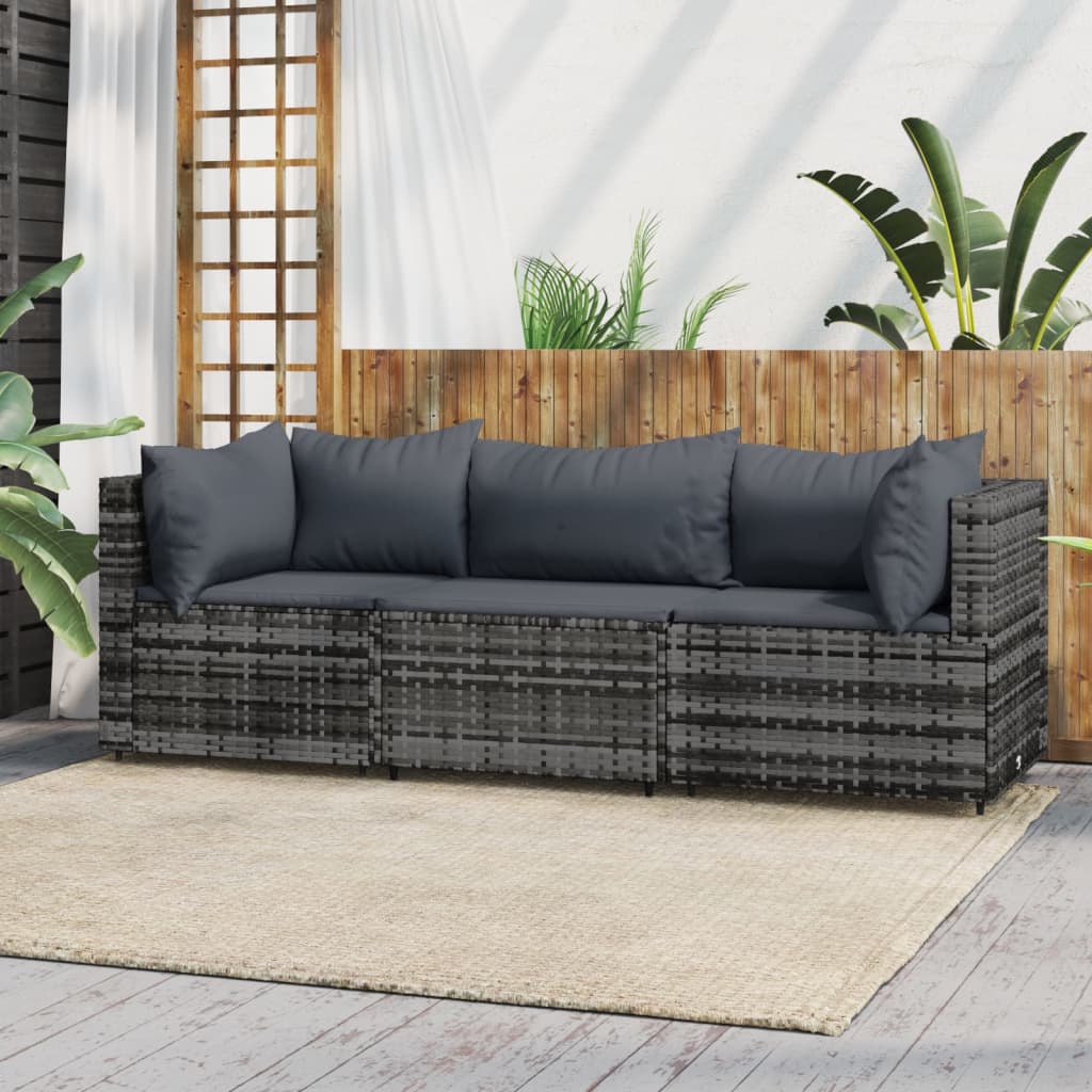 vidaXL 3 Piece Patio Lounge Set with Cushions Gray Poly Rattan-0