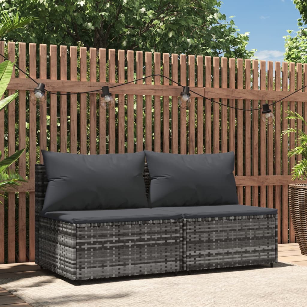 vidaXL Patio Middle Sofas with Cushions 2 pcs Gray Poly Rattan-0