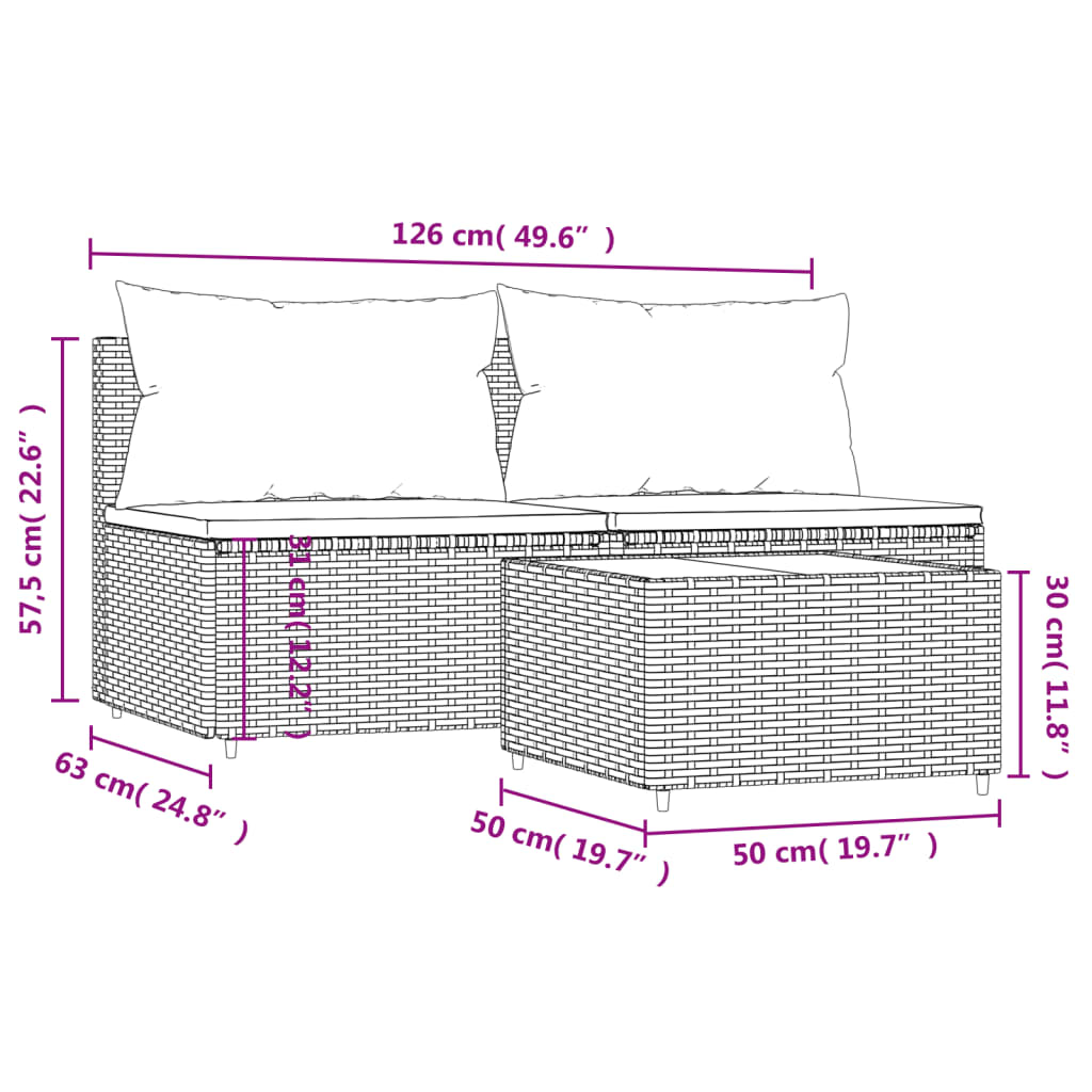 vidaXL 3 Piece Patio Lounge Set with Cushions Gray Poly Rattan-7