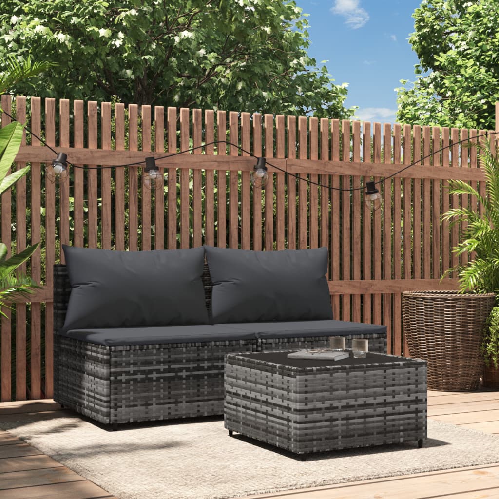 vidaXL 3 Piece Patio Lounge Set with Cushions Gray Poly Rattan-0