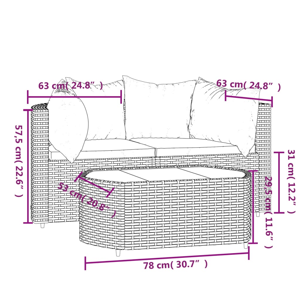 vidaXL 3 Piece Patio Lounge Set with Cushions Gray Poly Rattan-9