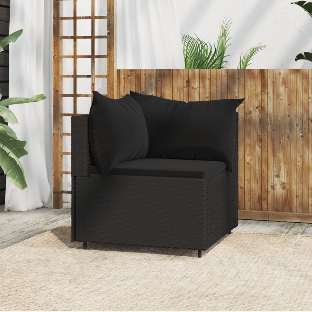 vidaXL Patio Corner Sofa with Cushions Black Poly Rattan-0