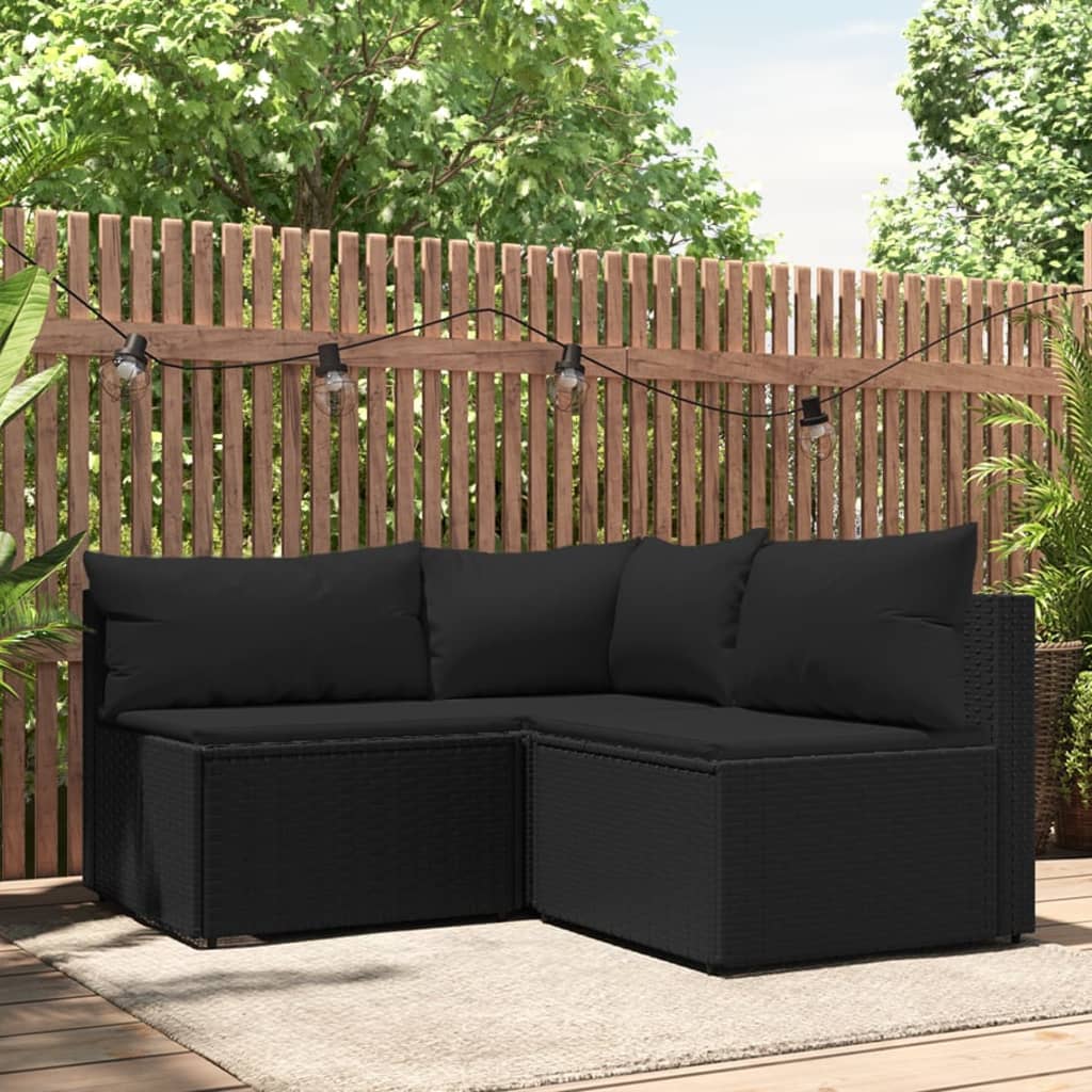 vidaXL 3 Piece Patio Lounge Set with Cushions Black Poly Rattan-0