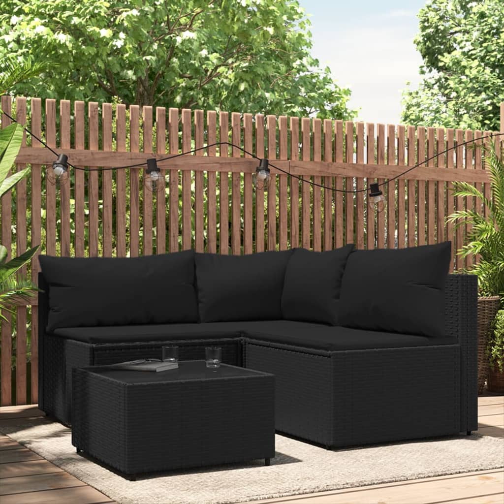 vidaXL 4 Piece Patio Lounge Set with Cushions Black Poly Rattan-0