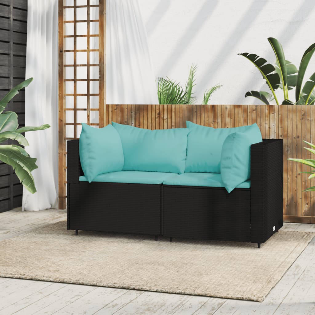 vidaXL Patio Corner Sofas with Cushions 2 pcs Black Poly Rattan-0