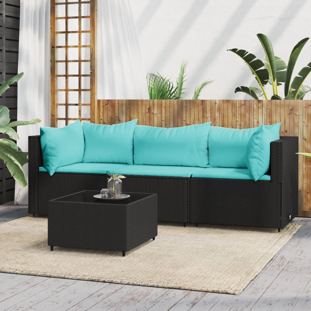 vidaXL 4 Piece Patio Lounge Set with Cushions Black Poly Rattan-0