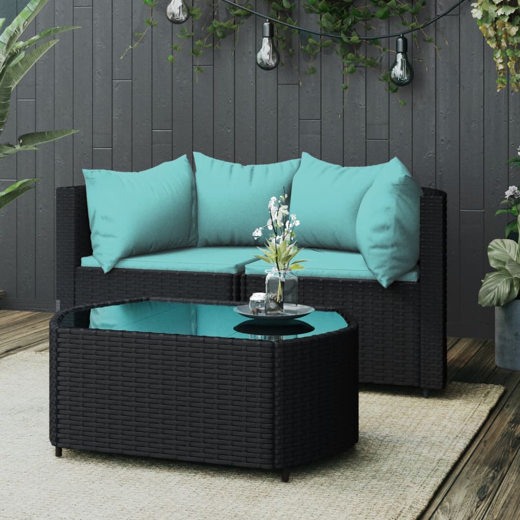 vidaXL 3 Piece Patio Lounge Set with Cushions Black Poly Rattan-0