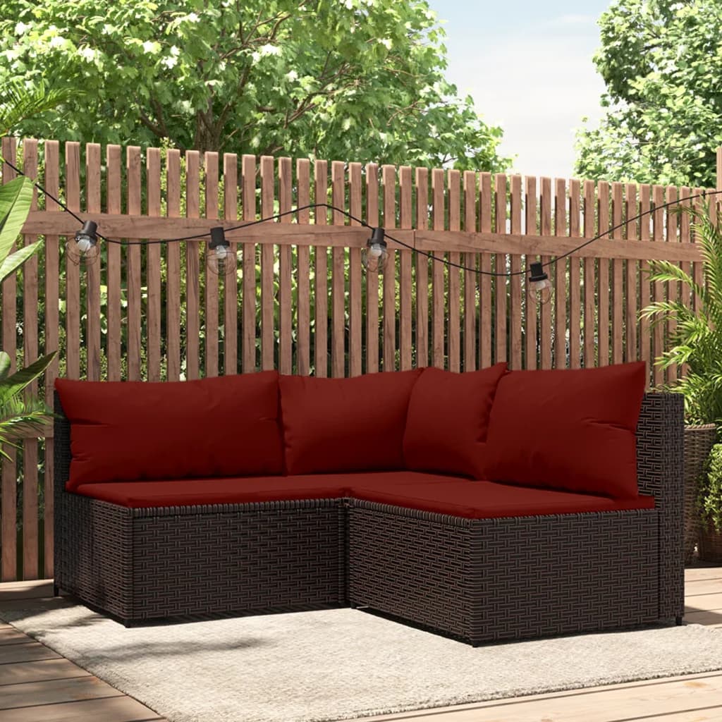 vidaXL 3 Piece Patio Lounge Set with Cushions Brown Poly Rattan-0