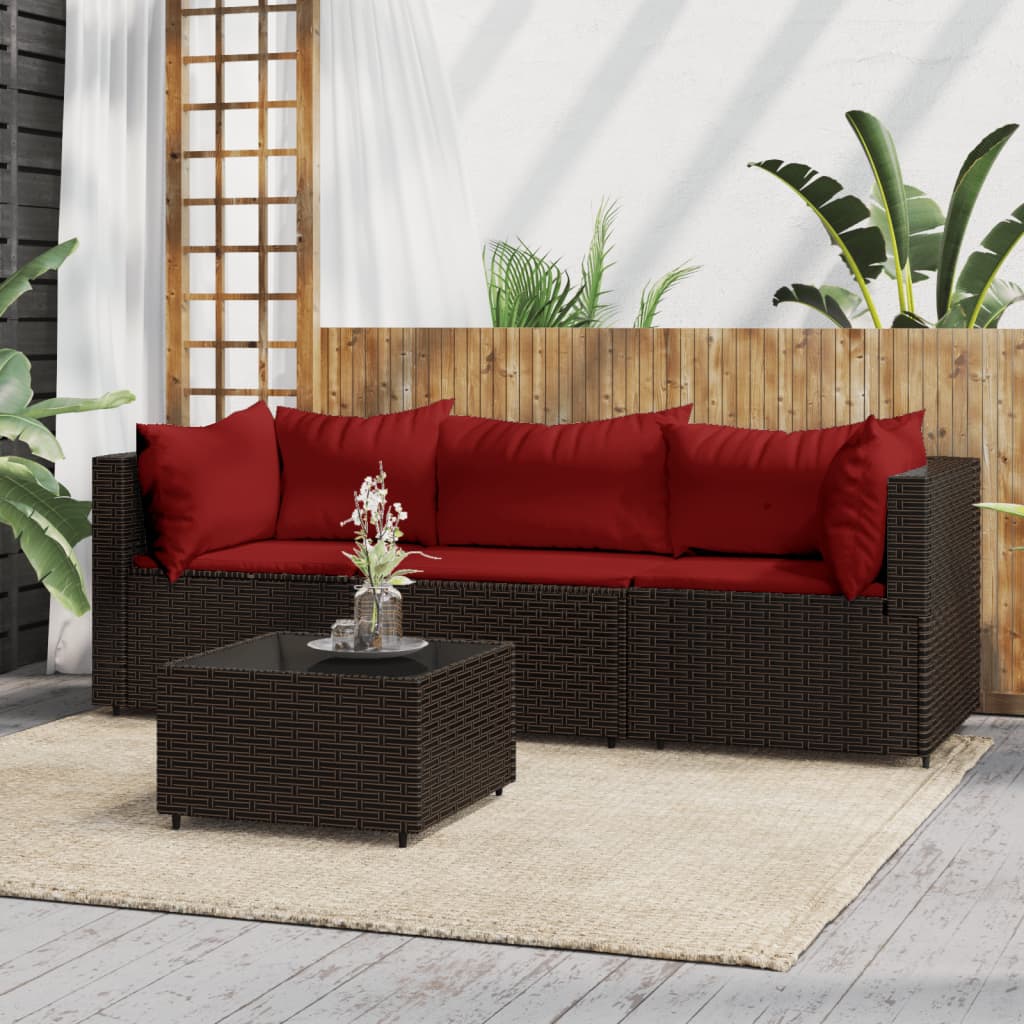 vidaXL 4 Piece Patio Lounge Set with Cushions Brown Poly Rattan-0