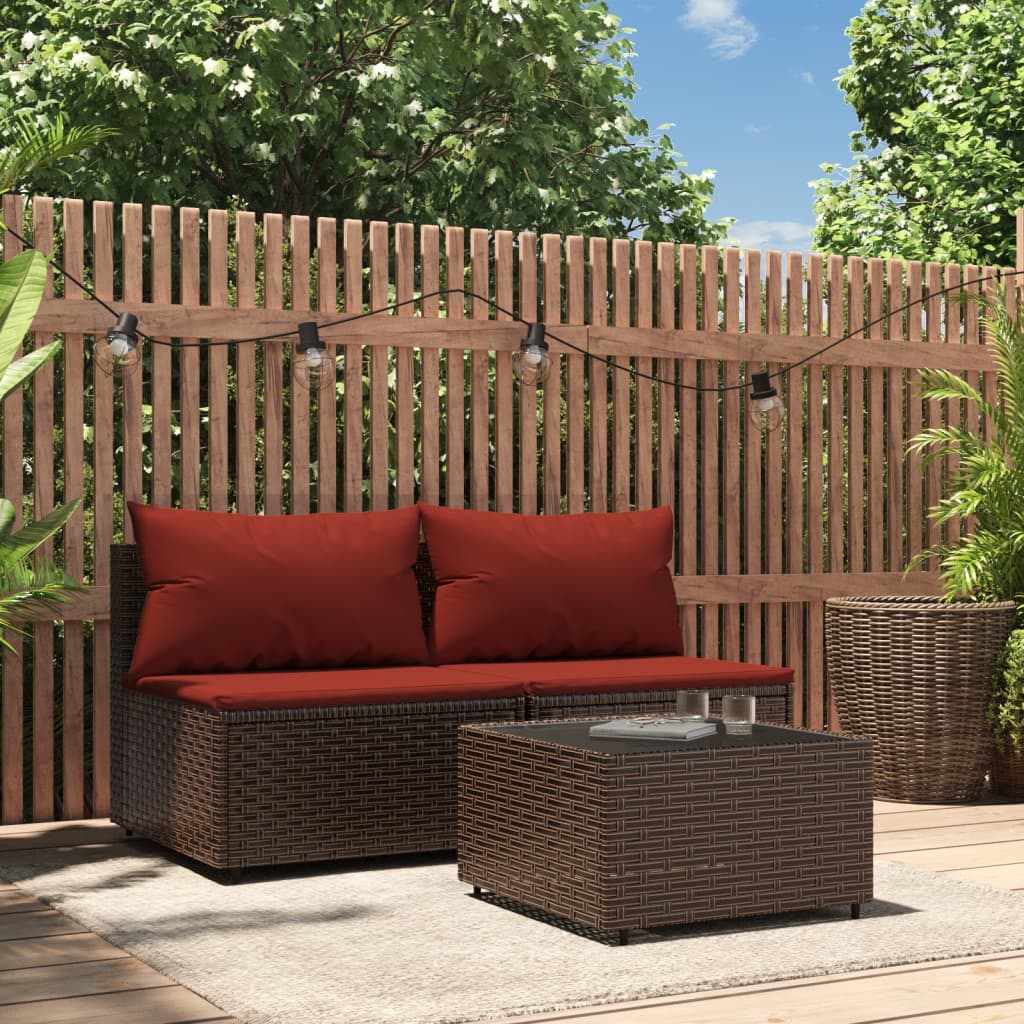 vidaXL 3 Piece Patio Lounge Set with Cushions Brown Poly Rattan-0