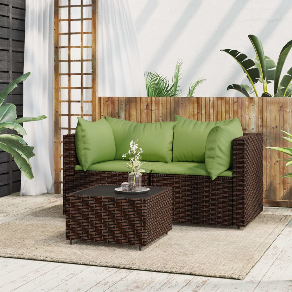 vidaXL 3 Piece Patio Lounge Set with Cushions Brown Poly Rattan-0