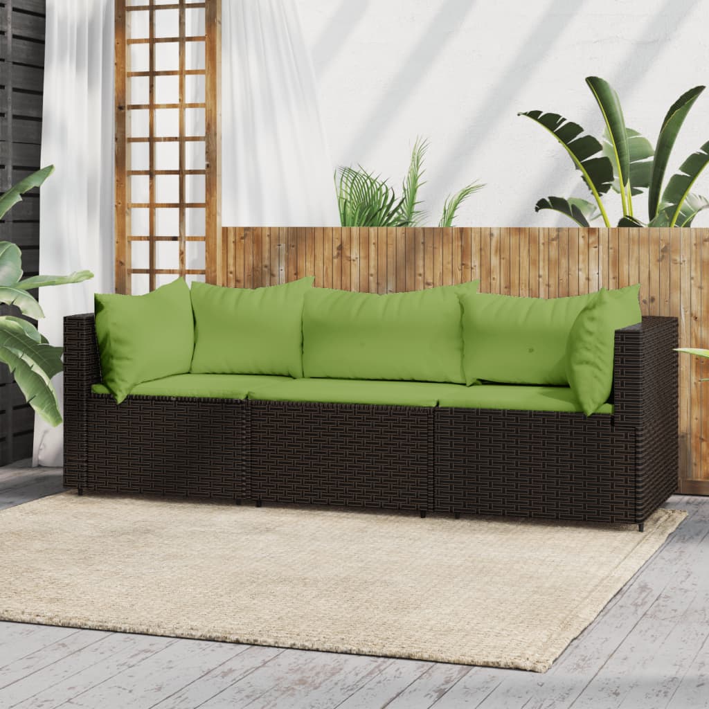 vidaXL 3 Piece Patio Lounge Set with Cushions Brown Poly Rattan-0