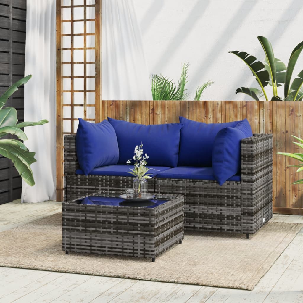 vidaXL 3 Piece Patio Lounge Set with Cushions Gray Poly Rattan-0