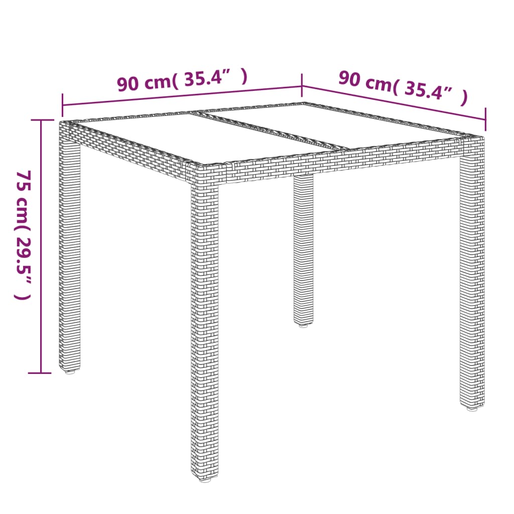 vidaXL Patio Table with Glass Top Black 35.4"x35.4"x29.5" Poly Rattan-1