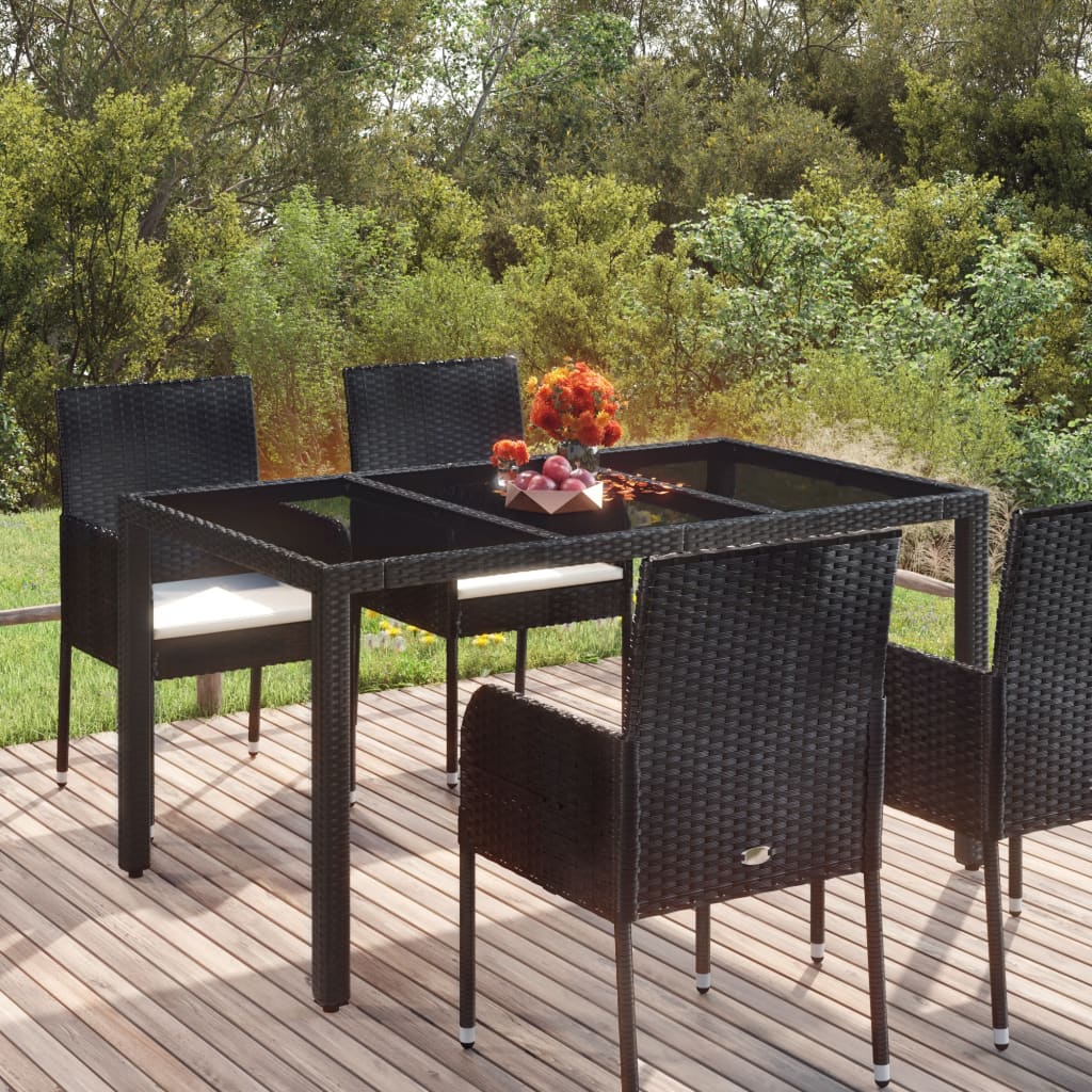 vidaXL Patio Table with Glass Top Black 59.1"x35.4"x29.5" Poly Rattan-0