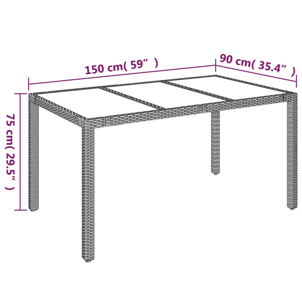vidaXL Patio Table with Glass Top Gray 59.1"x35.4"x29.5" Poly Rattan-1