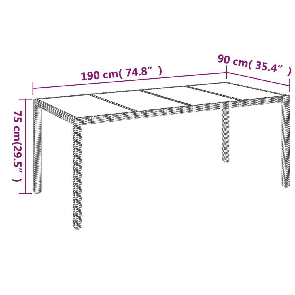 vidaXL Patio Table with Glass Top Black 74.8"x35.4"x29.5" Poly Rattan-1