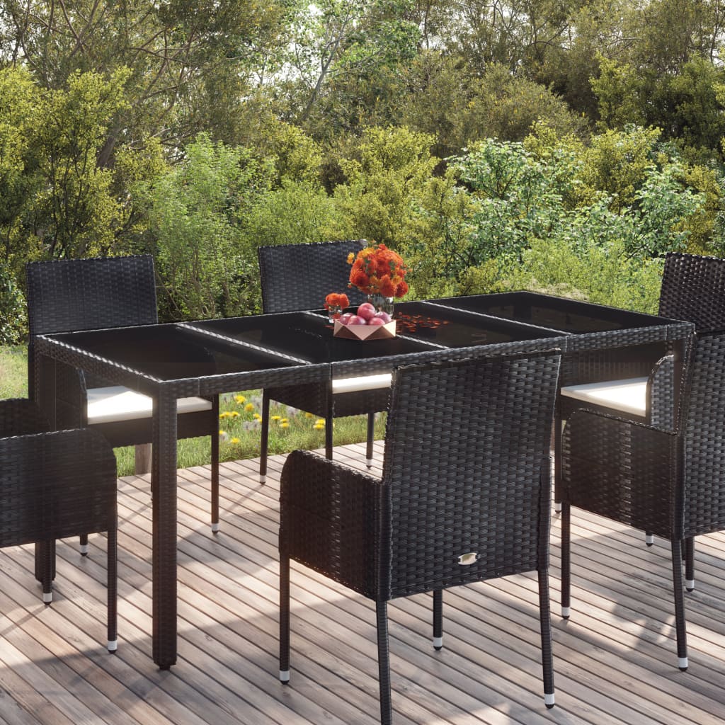 vidaXL Patio Table with Glass Top Black 74.8"x35.4"x29.5" Poly Rattan-0