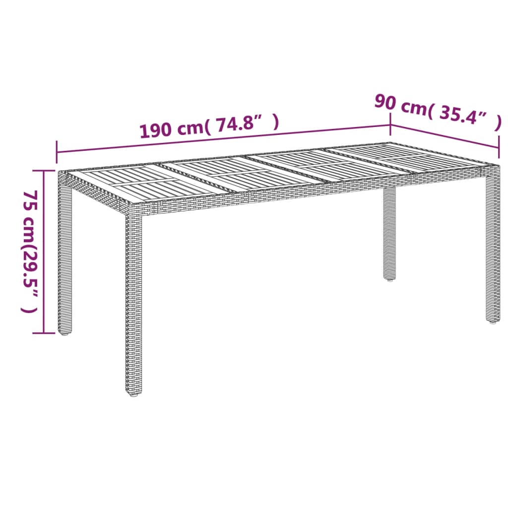 vidaXL Patio Table with Wooden Top Gray 74.8"x35.4"x29.5" Poly Rattan-5