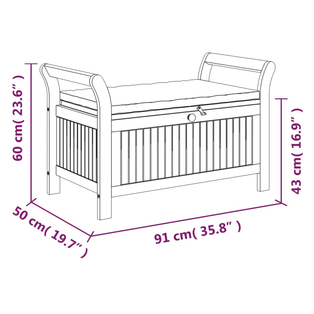 vidaXL Outdoor Storage Bench Patio Deck Box with Cushion Solid Wood Acacia-32