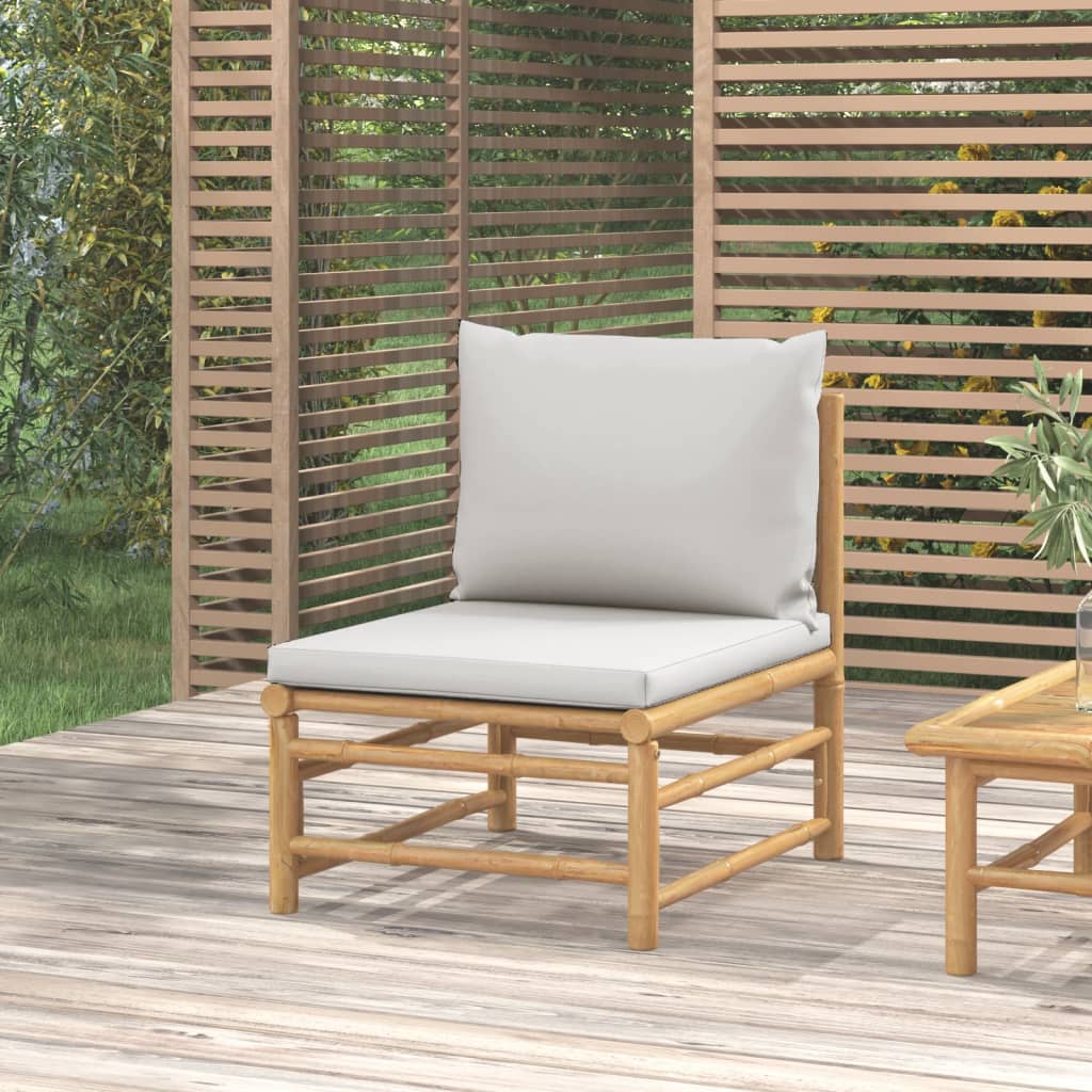 vidaXL Patio Middle Sofa with Light Gray Cushions Bamboo-0