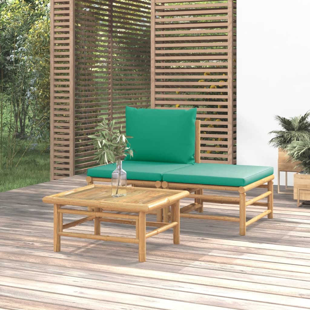 vidaXL 3 Piece Patio Lounge Set with Green Cushions Bamboo-0