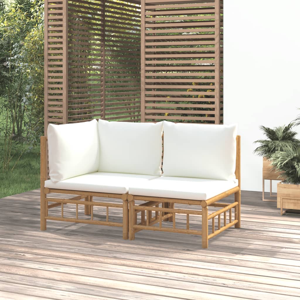 vidaXL 2 Piece Patio Lounge Set with Cream White Cushions Bamboo-0