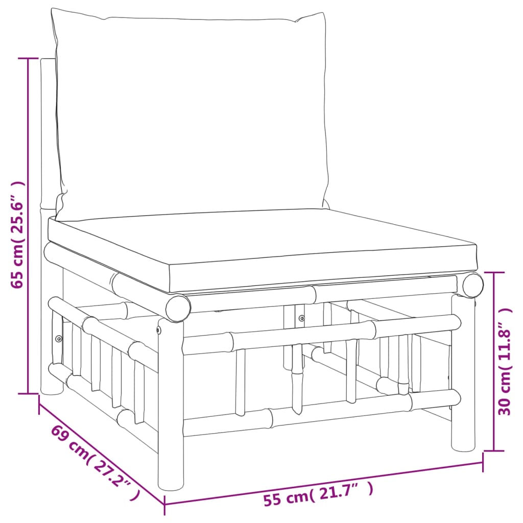 vidaXL Patio Middle Sofa with Cream White Cushions Bamboo-5