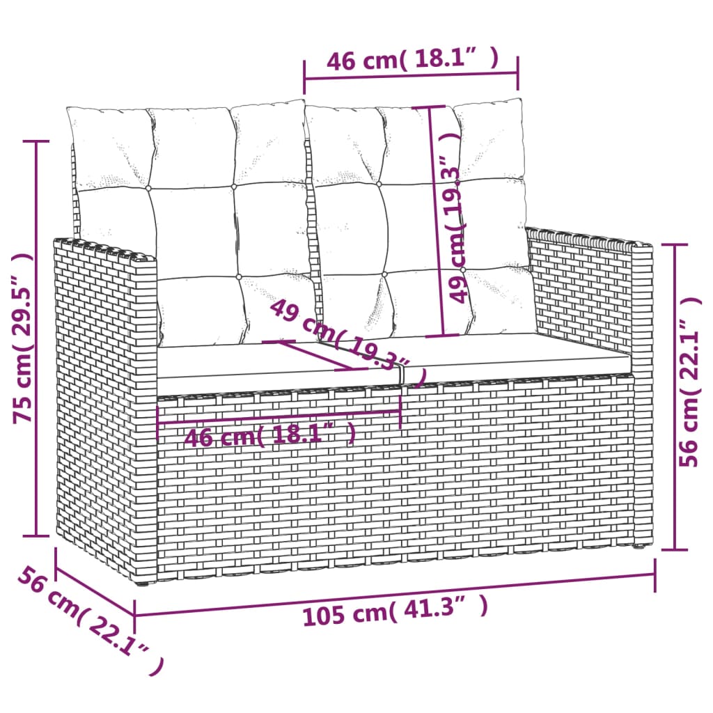 vidaXL Patio Bench with Cushions Gray 41.3" Poly Rattan-6
