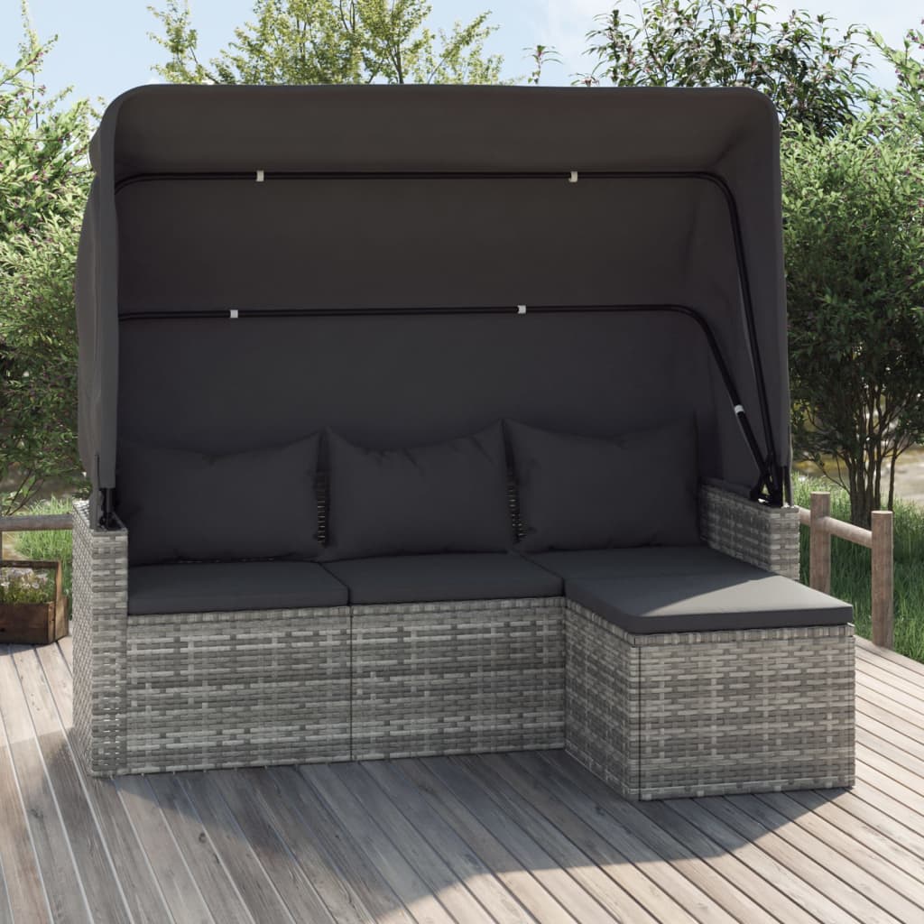 vidaXL 3-Seater Patio Sofa with Roof and Footstool Garden Couch Poly Rattan-0