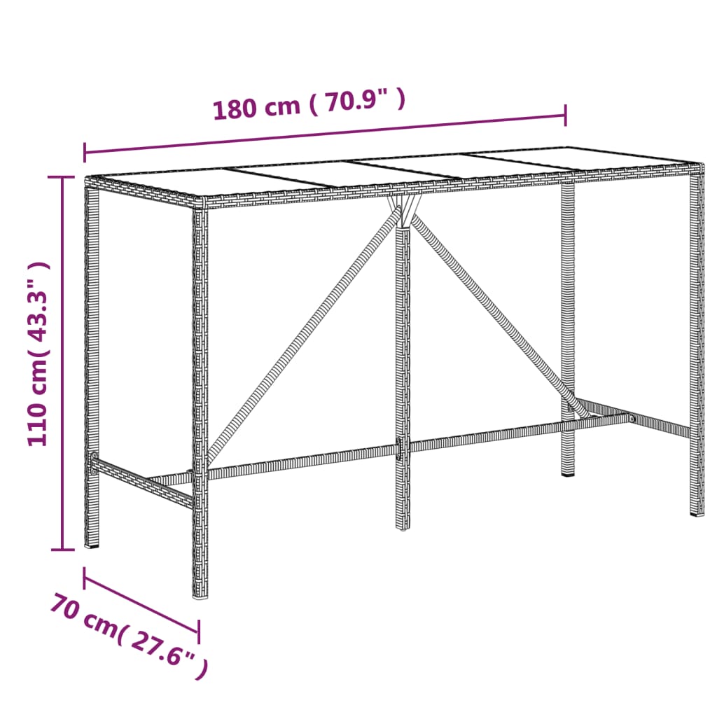 vidaXL Bar Table with Glass Top Black 43.3"x27.6"x43.3" Poly Rattan-32