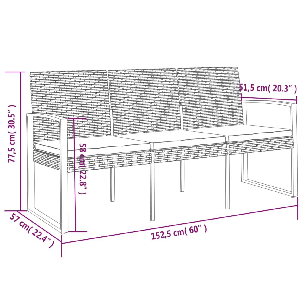 vidaXL Outdoor Bench 3-Seater Bench with Cushions for Porch Deck PP Rattan-12